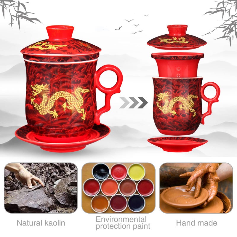 YURROAD YURROAD Chinese Dragon Pattern Tea-Mug with Strainer Infuser and Lid and Saucer Ceramic Tea Mug Convenient System Chinese Porcelain Personal Tea Cup 13.5 oz(380ml) - RED, TC400  - Image 2
