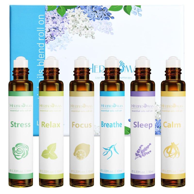 HERBROMAS Aromatherapy Essential Oils Roll On Set, Natural Pre-diluted Blend Oils for Skin Use, Relaxation Gift for Women & Men, Pack 6 x10ml - Image 2