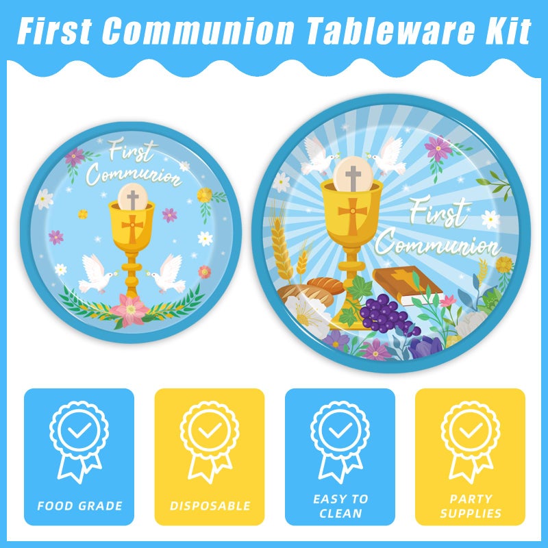 Kepeel 96 Pcs Blue Baptism Plates and Napkins, First Holy Communion Party Decorations Supplies for Boys God Bless Christening Celebration Party Baby Shower Disposable Paper Dinnerware, Serves 24 - Image 3
