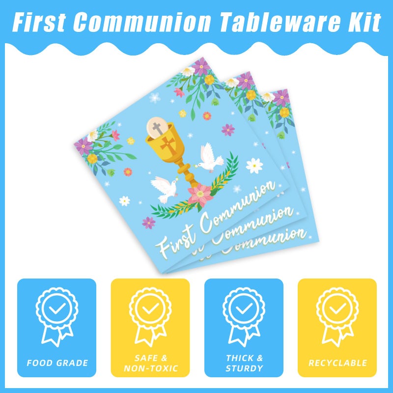 Kepeel 96 Pcs Blue Baptism Plates and Napkins, First Holy Communion Party Decorations Supplies for Boys God Bless Christening Celebration Party Baby Shower Disposable Paper Dinnerware, Serves 24 - Image 4
