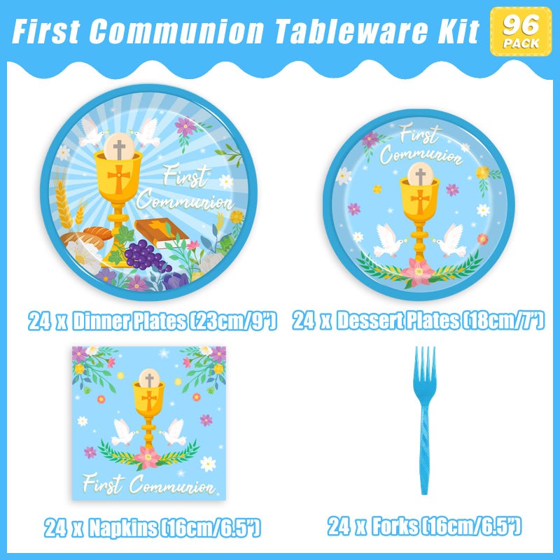 Kepeel 96 Pcs Blue Baptism Plates and Napkins, First Holy Communion Party Decorations Supplies for Boys God Bless Christening Celebration Party Baby Shower Disposable Paper Dinnerware, Serves 24 - Image 2