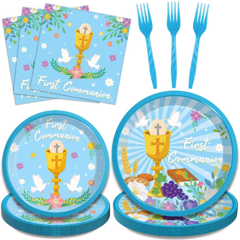 Kepeel 96 Pcs Blue Baptism Plates and Napkins, First Holy Communion Party Decorations Supplies for Boys God Bless Christening Celebration Party Baby Shower Disposable Paper Dinnerware, Serves 24 - Image 1