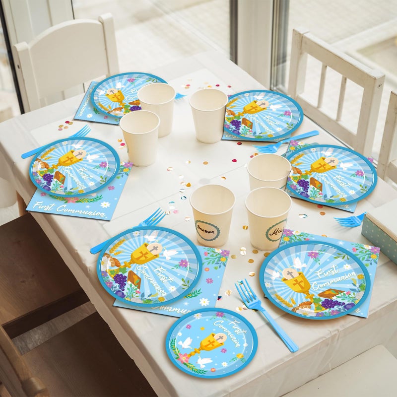 Kepeel 96 Pcs Blue Baptism Plates and Napkins, First Holy Communion Party Decorations Supplies for Boys God Bless Christening Celebration Party Baby Shower Disposable Paper Dinnerware, Serves 24 - Image 5