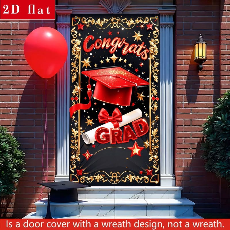 Graduation Door Cover Banner 90x180 cm 35.43x70.87 Inches Polyester Congratulations Graduates Cap And Diploma Design - Image 2