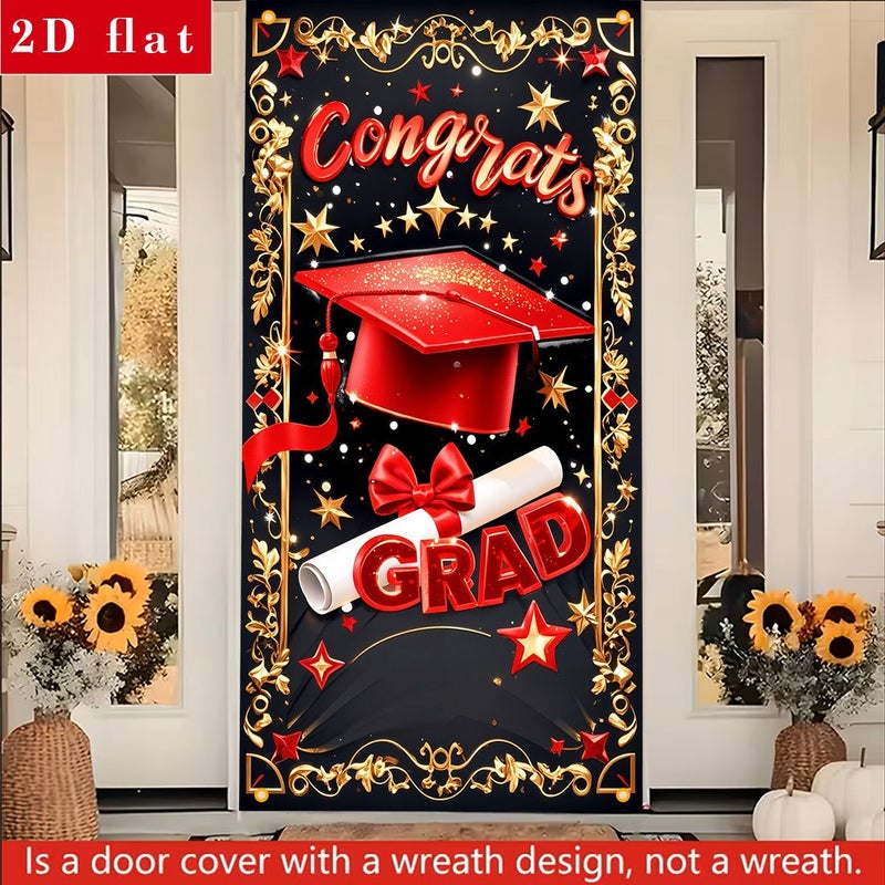 Graduation Door Cover Banner 90x180 cm 35.43x70.87 Inches Polyester Congratulations Graduates Cap And Diploma Design - Image 1