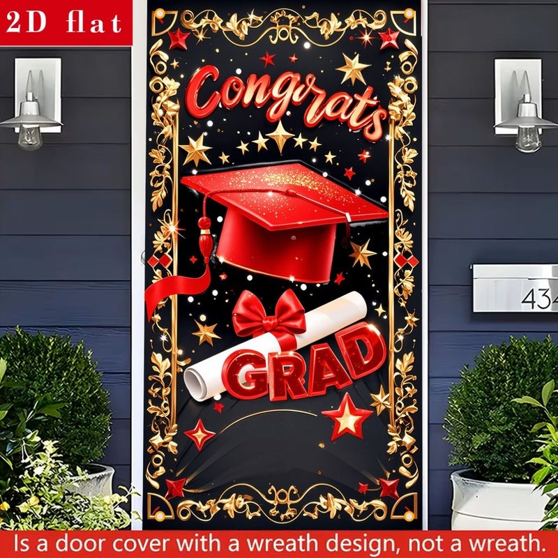 Graduation Door Cover Banner 90x180 cm 35.43x70.87 Inches Polyester Congratulations Graduates Cap And Diploma Design - Image 4