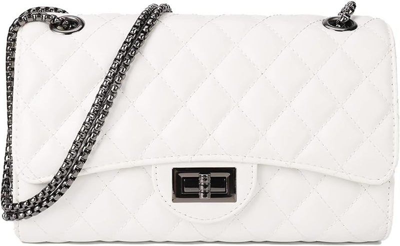 KRIFTY Quilted Crossbody Handbag with Chain Strap, Diamond Pattern, Metal Turn Lock For Women's/Girls (White) - Image 1