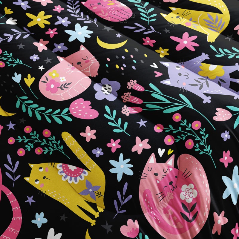QOOMO Floral Cat Comforter Twin Size,Black Cats Bedding Set for Kids Teens Girls,3Pcs Bedding Set Printed Comforter with 2 Pillowcases,Down Alternative,Soft and Lightweight(Blackï¼ŒTwin Size) - Image 5