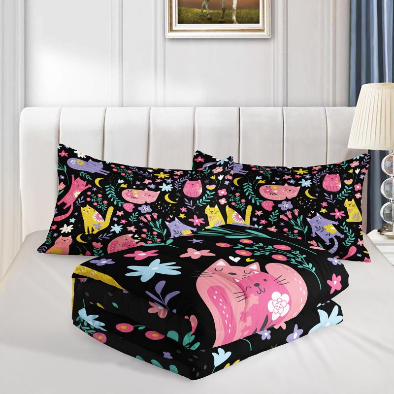QOOMO Floral Cat Comforter Twin Size,Black Cats Bedding Set for Kids Teens Girls,3Pcs Bedding Set Printed Comforter with 2 Pillowcases,Down Alternative,Soft and Lightweight(Blackï¼ŒTwin Size) - Image 4