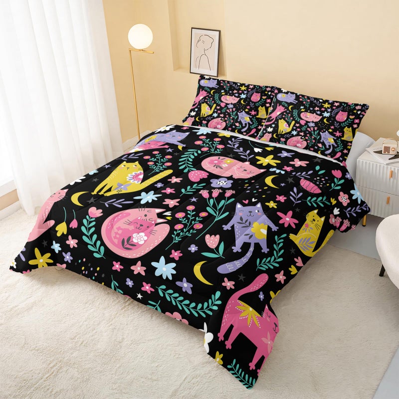 QOOMO Floral Cat Comforter Twin Size,Black Cats Bedding Set for Kids Teens Girls,3Pcs Bedding Set Printed Comforter with 2 Pillowcases,Down Alternative,Soft and Lightweight(Blackï¼ŒTwin Size) - Image 3