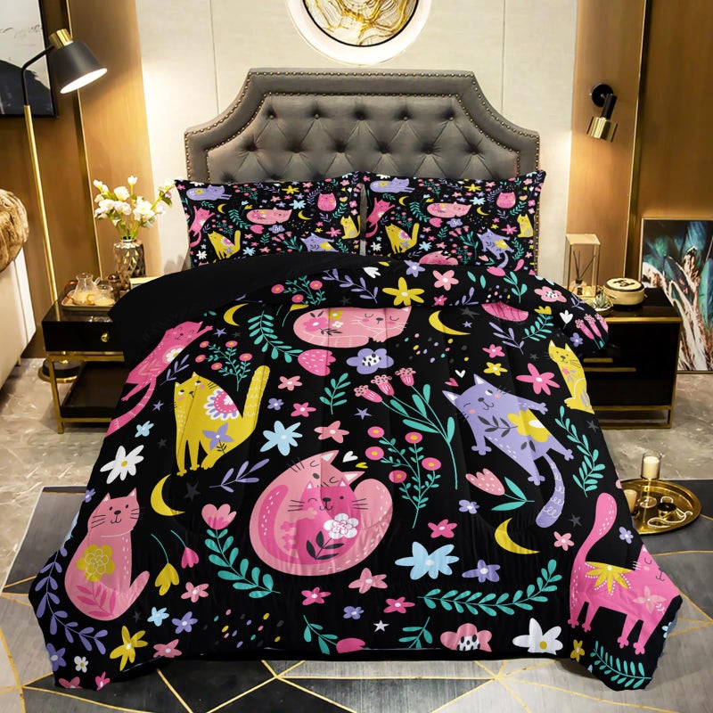 QOOMO Floral Cat Comforter Twin Size,Black Cats Bedding Set for Kids Teens Girls,3Pcs Bedding Set Printed Comforter with 2 Pillowcases,Down Alternative,Soft and Lightweight(Blackï¼ŒTwin Size) - Image 1