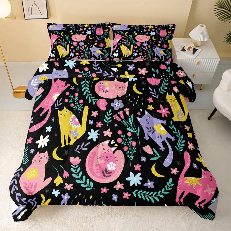 QOOMO Floral Cat Comforter Twin Size,Black Cats Bedding Set for Kids Teens Girls,3Pcs Bedding Set Printed Comforter with 2 Pillowcases,Down Alternative,Soft and Lightweight(Blackï¼ŒTwin Size) - Image 2