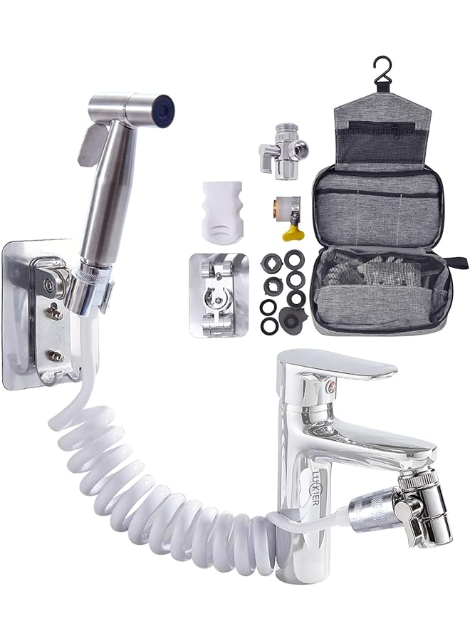 The Bros صنبور شطاف محمول للسفر من الفولاذ المقاوم للصدأ، تدفق مياه معزز، محول نحاسي كامل، خرطوم بطول 3 أمتار، قاعدتين، مجموعة محول الصنبور. مناسب للمنزل/الفندق/التخييم/النساء - Image 1