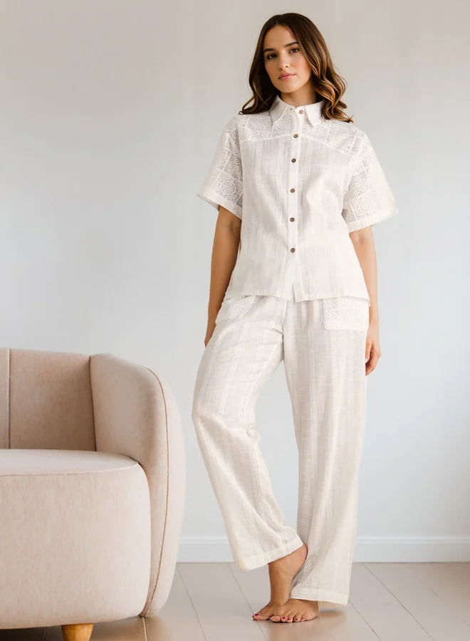 Splash FAV Crochet Detail Shirt and Pyjama Set