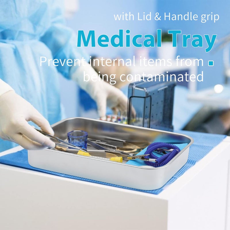 ANNWAH Medical Surgical Trays Stainless Steel Dental Instruments Tray Organizer Holder Sterilization Plate Trays Boxs with Lid & Handle Grip Large - Image 2