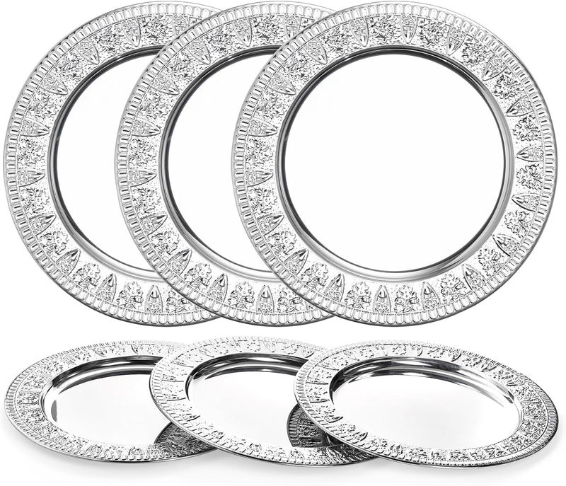 ZENFUN 6 Pack 12 Stainless Steel Charger Plates Round Metal Plates with Flower Pattern Large Serving Camping Plates for Home Kichten Banquets Parties Restaurants - Image 1