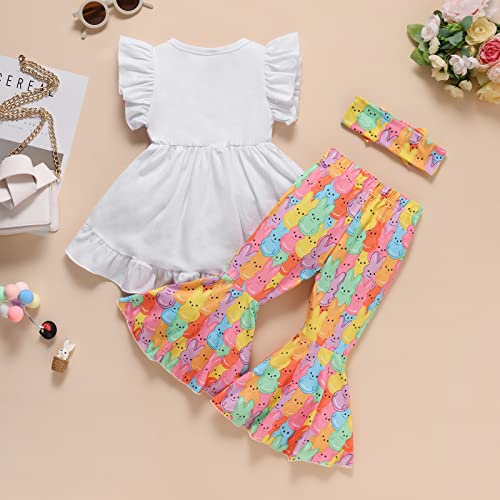 Noubeau Toddler Baby Girl Easter Outfits Ruffle Letter Rabbit Print Dress Shirt Top Leopard Bell-Bottom Flare Pant Headband (White, 18-24 Months) - Image 2