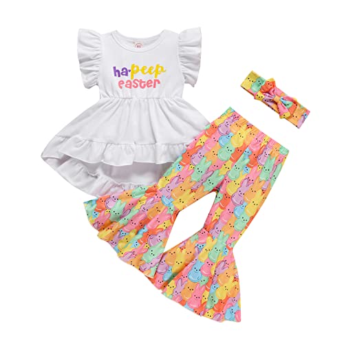 Noubeau Toddler Baby Girl Easter Outfits Ruffle Letter Rabbit Print Dress Shirt Top Leopard Bell-Bottom Flare Pant Headband (White, 18-24 Months) - Image 1