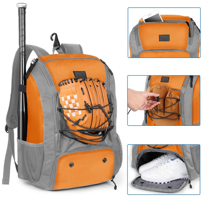 MATEIN Baseball Gear Bag, Large Capacity Youth Softball Bag with Helmet Holder & Fence Hook for Training Equipment, Baseball Backpack for Teens & Adults Players Holds 2 Bats, Batting Gloves, Orange - Image 2