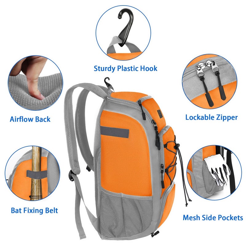 MATEIN Baseball Gear Bag, Large Capacity Youth Softball Bag with Helmet Holder & Fence Hook for Training Equipment, Baseball Backpack for Teens & Adults Players Holds 2 Bats, Batting Gloves, Orange - Image 3