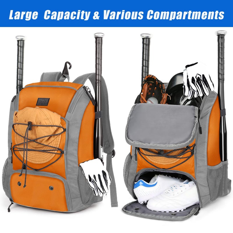 MATEIN Baseball Gear Bag, Large Capacity Youth Softball Bag with Helmet Holder & Fence Hook for Training Equipment, Baseball Backpack for Teens & Adults Players Holds 2 Bats, Batting Gloves, Orange - Image 4