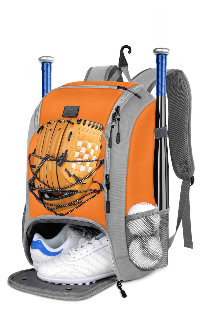 MATEIN Baseball Gear Bag, Large Capacity Youth Softball Bag with Helmet Holder & Fence Hook for Training Equipment, Baseball Backpack for Teens & Adults Players Holds 2 Bats, Batting Gloves, Orange - Image 1