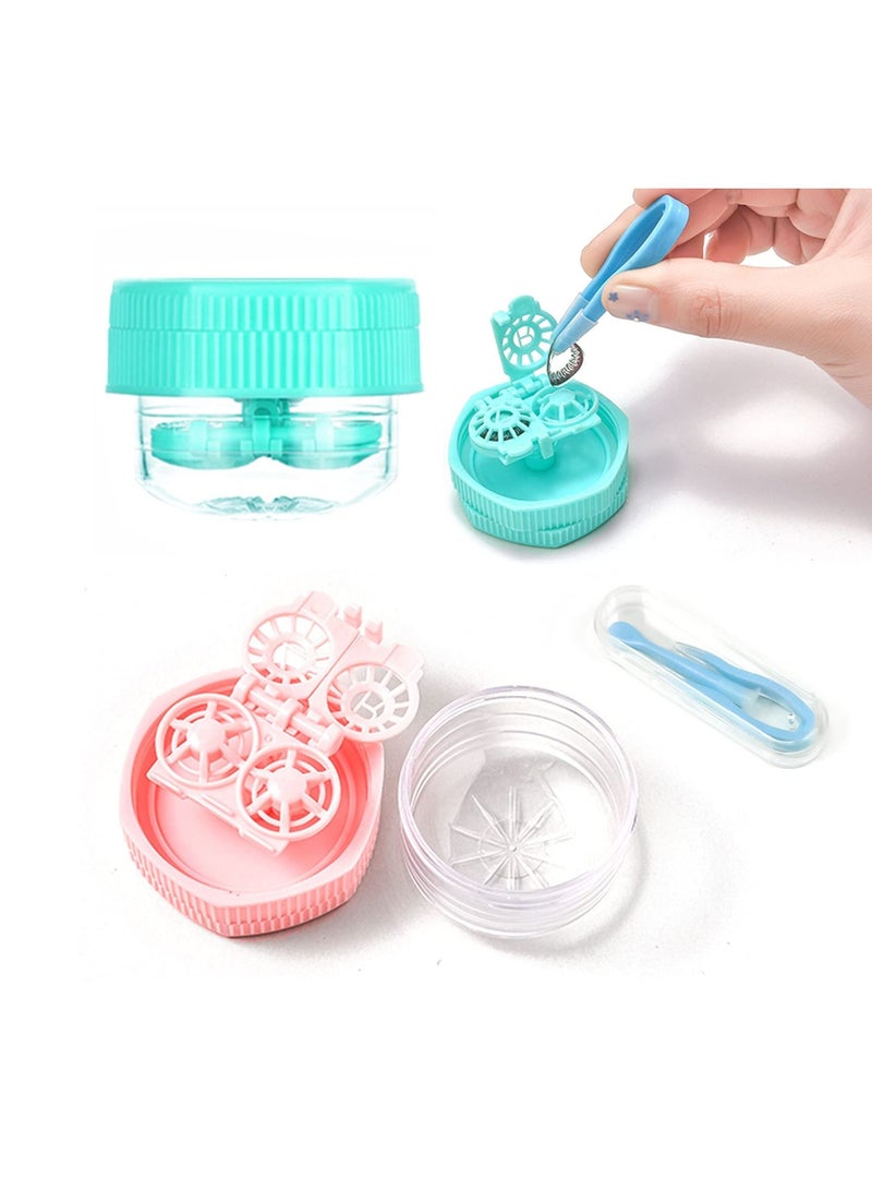 Contact Lens Case, SYOSI 2 Pack Cartoon Portable Fashion Glasses Travel Storage Box, Manually Contact Lens Washer Container and Tool Tweezers Kit - Image 1
