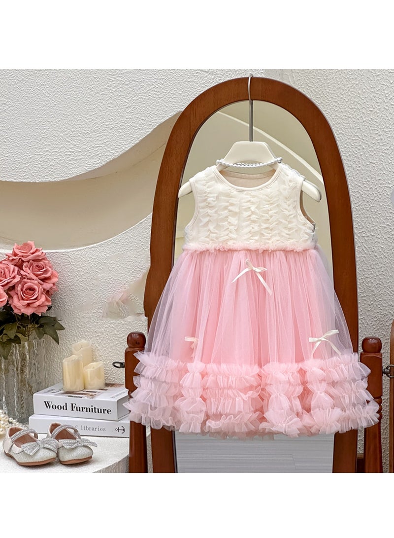 2-3Y Baby Girl Toddler Princess Dress, Sleeveless White and Pink Tulle Summer Outfit, Elegant Ruffle Bow Design, Perfect for Weddings, Eid, Birthday Parties and Family Gatherings, Fit for 90-100cm  - Image 1