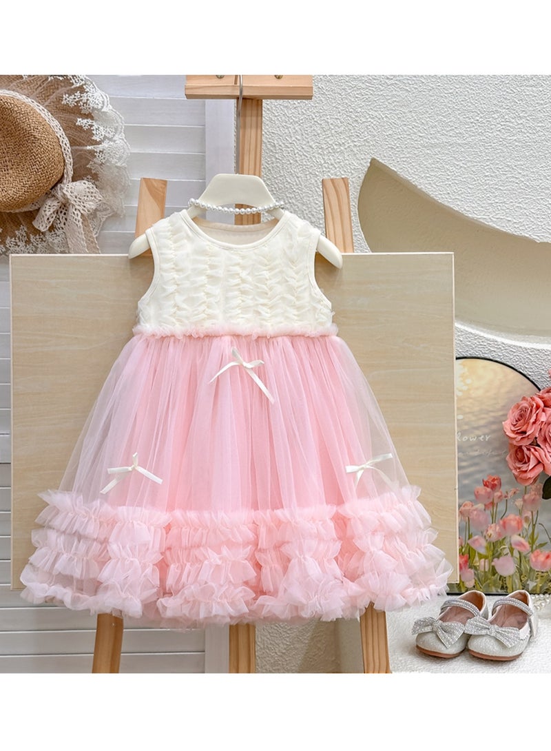 2-3Y Baby Girl Toddler Princess Dress, Sleeveless White and Pink Tulle Summer Outfit, Elegant Ruffle Bow Design, Perfect for Weddings, Eid, Birthday Parties and Family Gatherings, Fit for 90-100cm  - Image 2