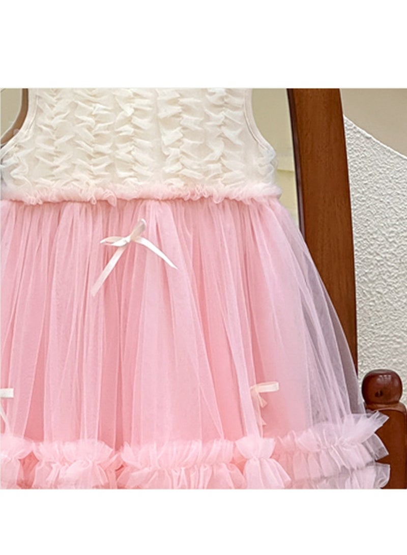 2-3Y Baby Girl Toddler Princess Dress, Sleeveless White and Pink Tulle Summer Outfit, Elegant Ruffle Bow Design, Perfect for Weddings, Eid, Birthday Parties and Family Gatherings, Fit for 90-100cm  - Image 3