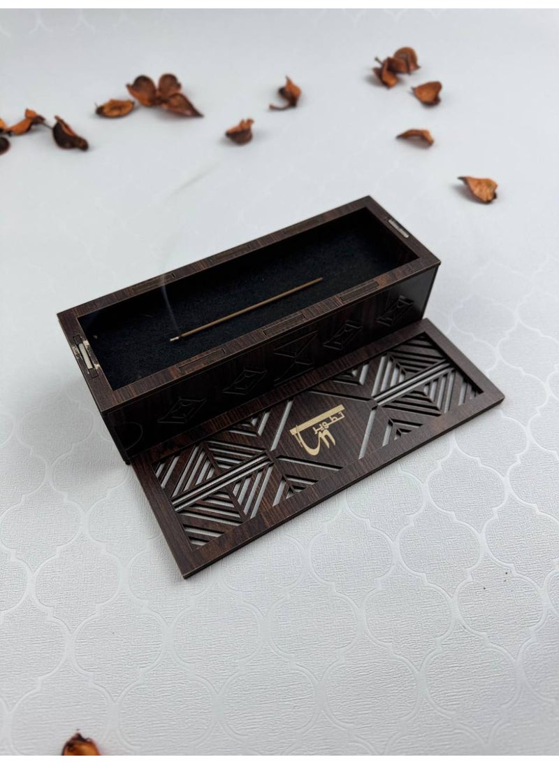 Samrix The Abaq Al Dar incense burner is a wooden burner with acrylic decorations. It includes a drawer at the bottom for storing incense sticks (30 sticks included) and a top compartment for lighting the sticks. It is safe, non-flammable, and has a magnetic closure. - Image 4