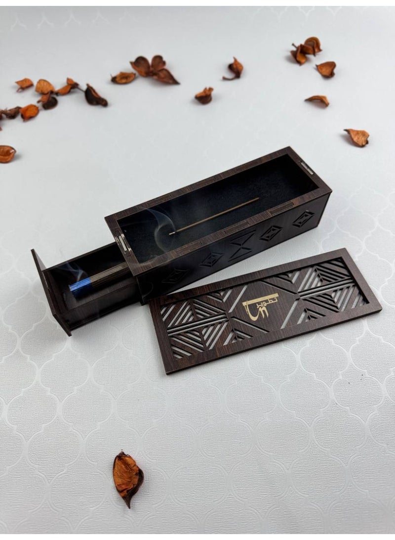 Samrix The Abaq Al Dar incense burner is a wooden burner with acrylic decorations. It includes a drawer at the bottom for storing incense sticks (30 sticks included) and a top compartment for lighting the sticks. It is safe, non-flammable, and has a magnetic closure. - Image 3