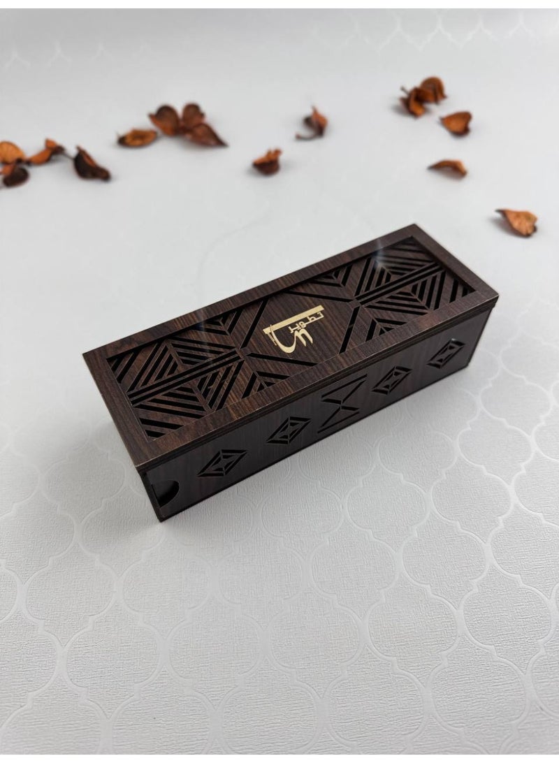 Samrix The Abaq Al Dar incense burner is a wooden burner with acrylic decorations. It includes a drawer at the bottom for storing incense sticks (30 sticks included) and a top compartment for lighting the sticks. It is safe, non-flammable, and has a magnetic closure. - Image 5