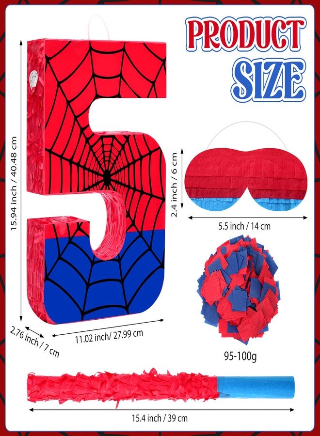 Simgoing Number 5 Spider Web Piñata Bundle with Blindfold Small Piñata Birthday Party Decoration for Mexican Fiesta Cinco De Mayo Anniversary Celebration Gift, 15.75 x 11 x 2.8 In(Red Blue) - Image 3