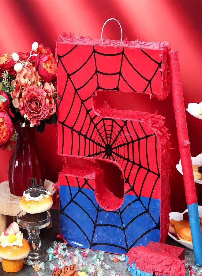 Simgoing Number 5 Spider Web Piñata Bundle with Blindfold Small Piñata Birthday Party Decoration for Mexican Fiesta Cinco De Mayo Anniversary Celebration Gift, 15.75 x 11 x 2.8 In(Red Blue) - Image 2