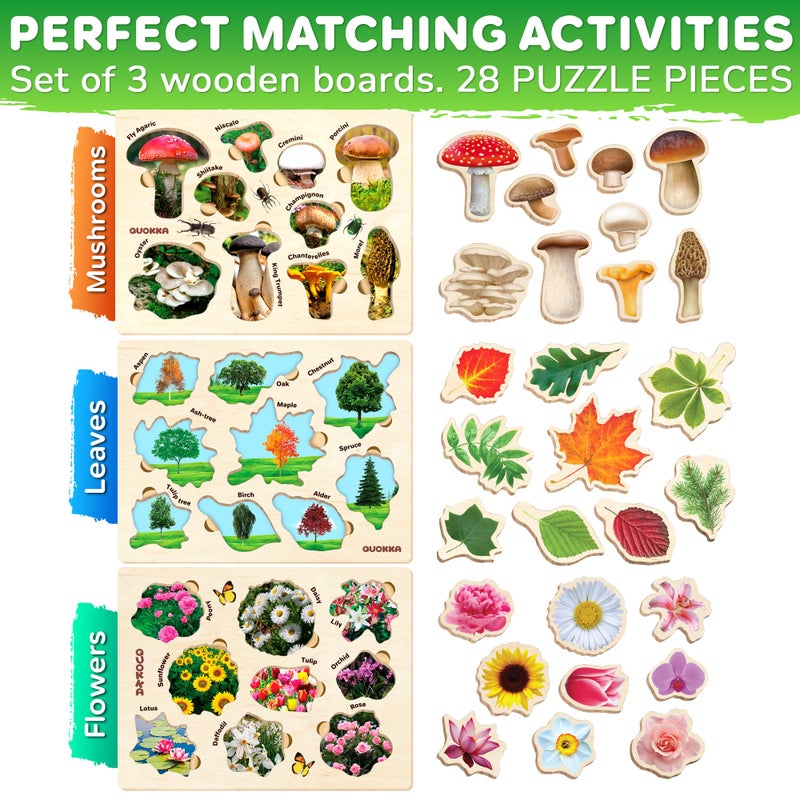 QUOKKA Wooden Puzzles for Toddlers 2-4 â€“ 3X Set Montessori Toys Puzzles for Kids Ages 3-5 â€“ Wood Educational Baby Game 12-18 Months â€“ Gift Learning Mushrooms Flowers Leaves for Boy & Girl 3-5 - Image 2