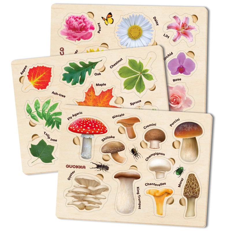 QUOKKA Wooden Puzzles for Toddlers 2-4 â€“ 3X Set Montessori Toys Puzzles for Kids Ages 3-5 â€“ Wood Educational Baby Game 12-18 Months â€“ Gift Learning Mushrooms Flowers Leaves for Boy & Girl 3-5 - Image 1