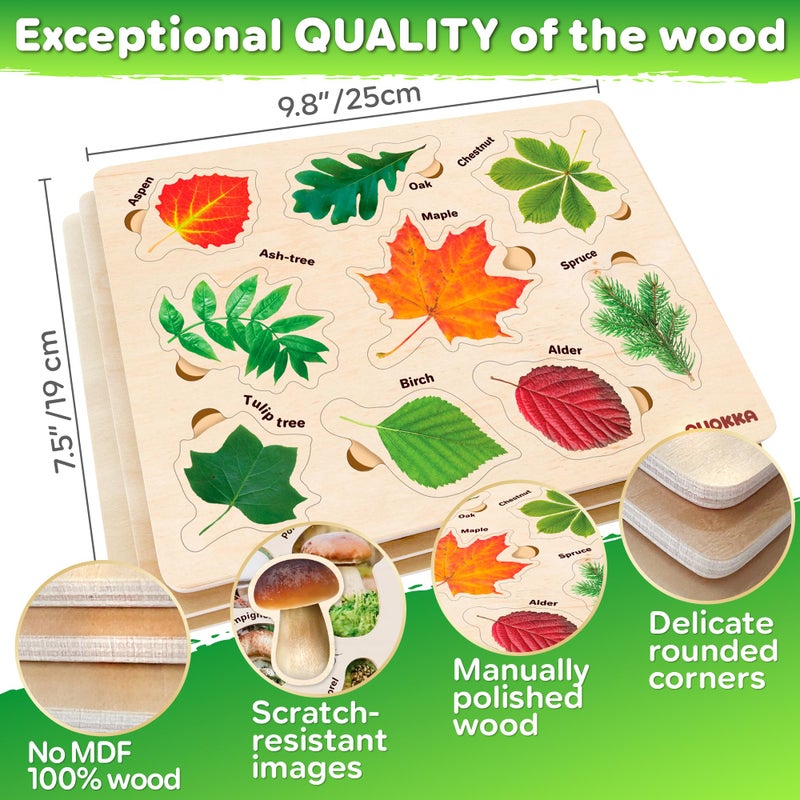 QUOKKA Wooden Puzzles for Toddlers 2-4 â€“ 3X Set Montessori Toys Puzzles for Kids Ages 3-5 â€“ Wood Educational Baby Game 12-18 Months â€“ Gift Learning Mushrooms Flowers Leaves for Boy & Girl 3-5 - Image 4