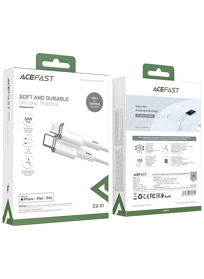 Acefast USB-C to Lightning Zinc Alloy Silicone Charging Data Cable 1.2 Meter White - Image 1