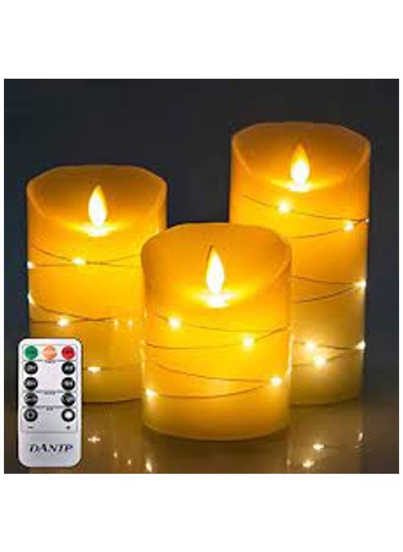 LED flameless Candle, with Embedded Starlight String, danip 5-Piece LED Candle, with 10-Key Remote Control, 24-Hour Timer Function, Dancing Flame, Real Wax, Battery-Powered