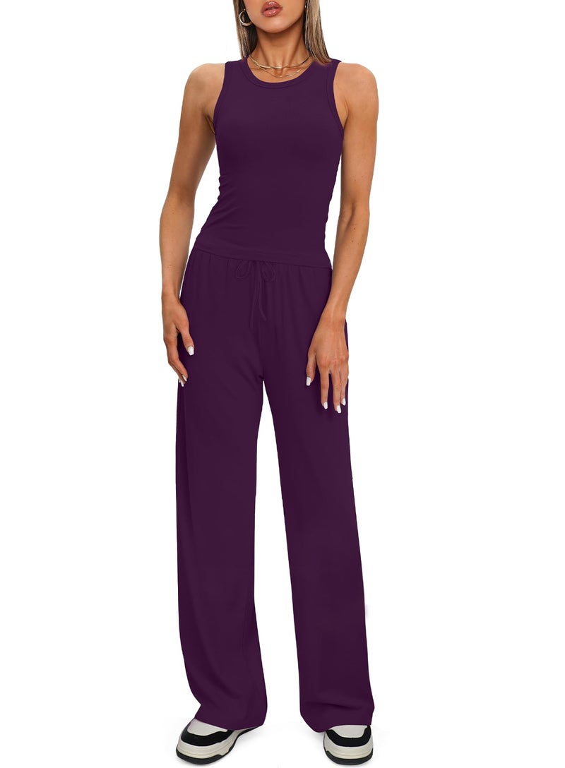 Darong Women's 2 Piece Outfits Lounge Sets Sleeveless Tank Tops Wide Leg Pants Sets Tracksuits Match Sets 9054A(inseam28-29) Deep Purple M - Image 4
