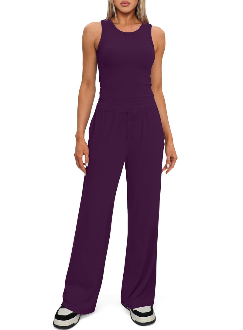 Darong Women's 2 Piece Outfits Lounge Sets Sleeveless Tank Tops Wide Leg Pants Sets Tracksuits Match Sets 9054A(inseam28-29) Deep Purple M - Image 3