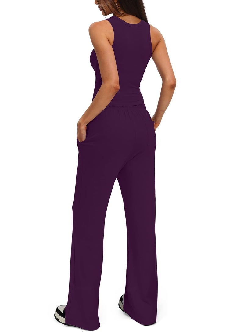 Darong Women's 2 Piece Outfits Lounge Sets Sleeveless Tank Tops Wide Leg Pants Sets Tracksuits Match Sets 9054A(inseam28-29) Deep Purple M - Image 2