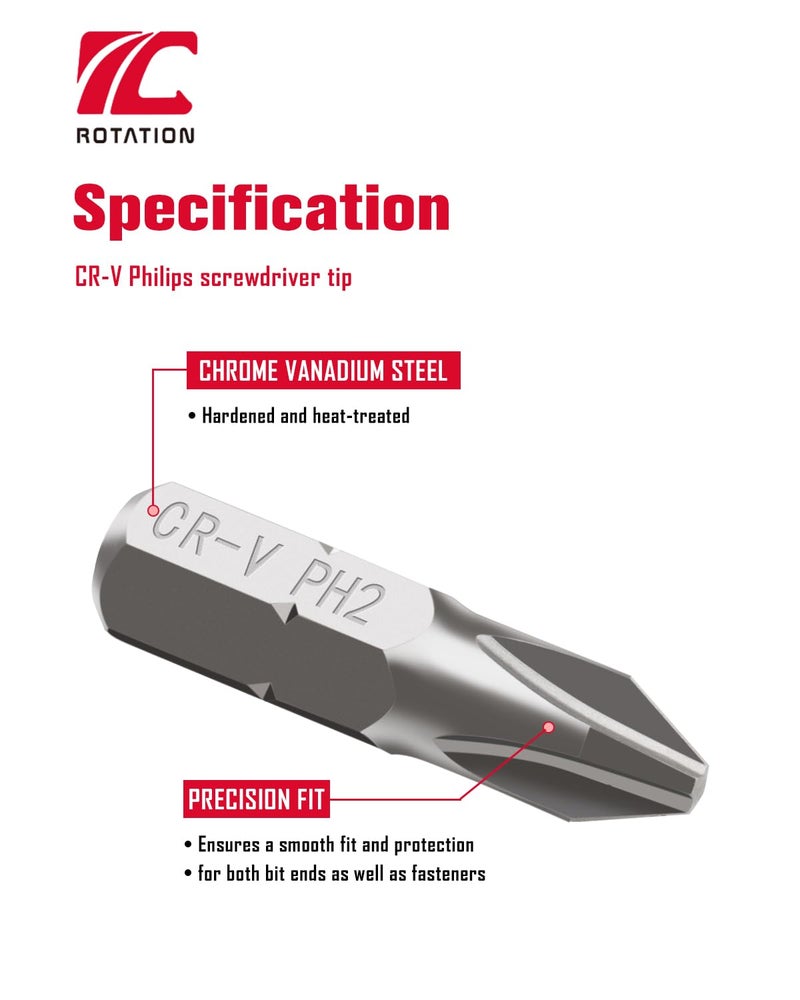 ROTATION 30-Piece Phillips #2 Bit Set PH2, Impact Grade, 1/4-inch Hex Shank, Chrome Vanadium Steel - Image 2