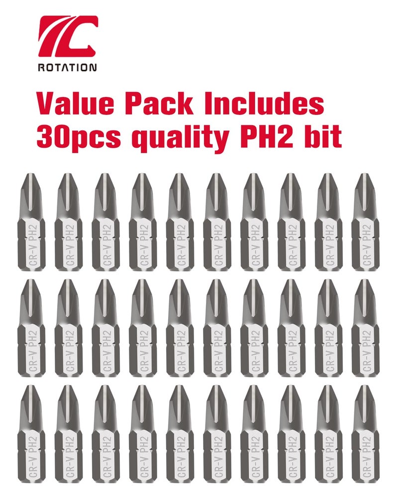 ROTATION 30-Piece Phillips #2 Bit Set PH2, Impact Grade, 1/4-inch Hex Shank, Chrome Vanadium Steel - Image 4