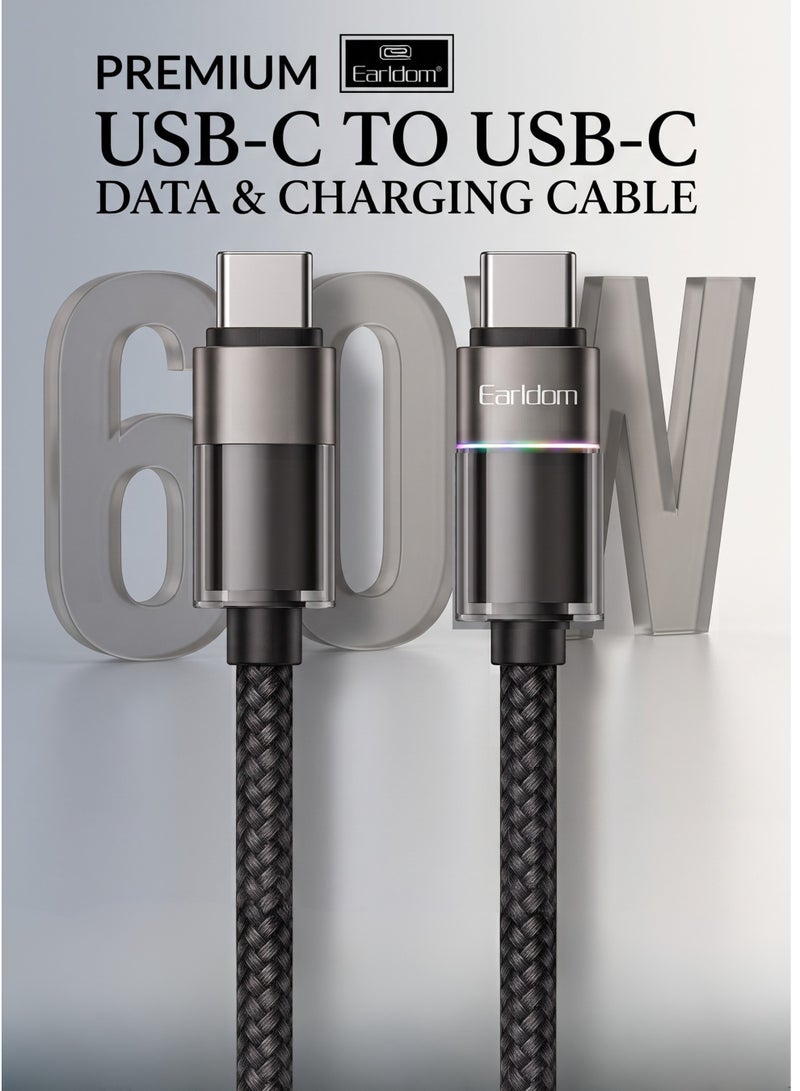 أيرلدوم كابل شحن سريع Earldom بقوة 60 واط من نوع USB-C إلى USB-C بتقنية PD 3.0 ونقل بيانات بسرعة 480 ميجابت في الثانية، بطول متر واحد، مصنوع من طبقتين من النايلون المضفر، مزود بشريحة E-Marker ومؤشر LED، متوافق مع سلسلة iPhone 15، وSamsung Galaxy، وiPad، وMacBook، وأجهزة الكمبيوتر المحمولة، وأجهزة USB-C، باللون الأسود. - Image 1
