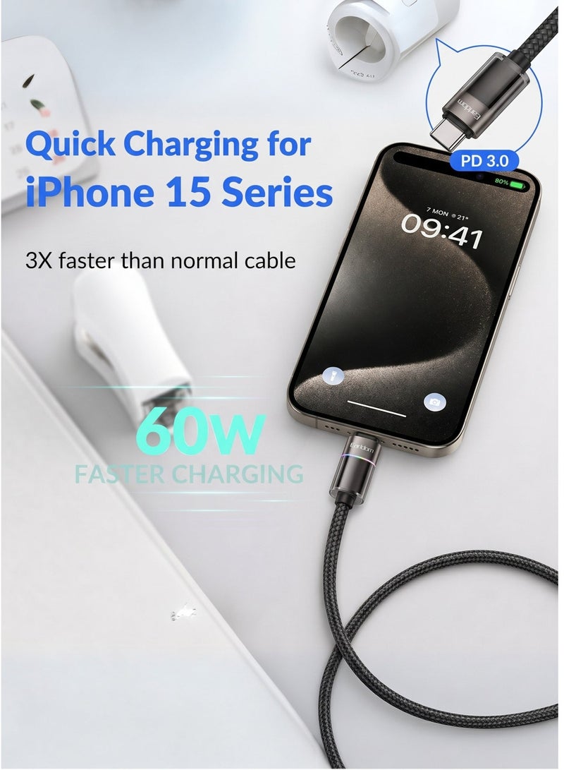أيرلدوم كابل شحن سريع Earldom بقوة 60 واط من نوع USB-C إلى USB-C بتقنية PD 3.0 ونقل بيانات بسرعة 480 ميجابت في الثانية، بطول متر واحد، مصنوع من طبقتين من النايلون المضفر، مزود بشريحة E-Marker ومؤشر LED، متوافق مع سلسلة iPhone 15، وSamsung Galaxy، وiPad، وMacBook، وأجهزة الكمبيوتر المحمولة، وأجهزة USB-C، باللون الأسود. - Image 3