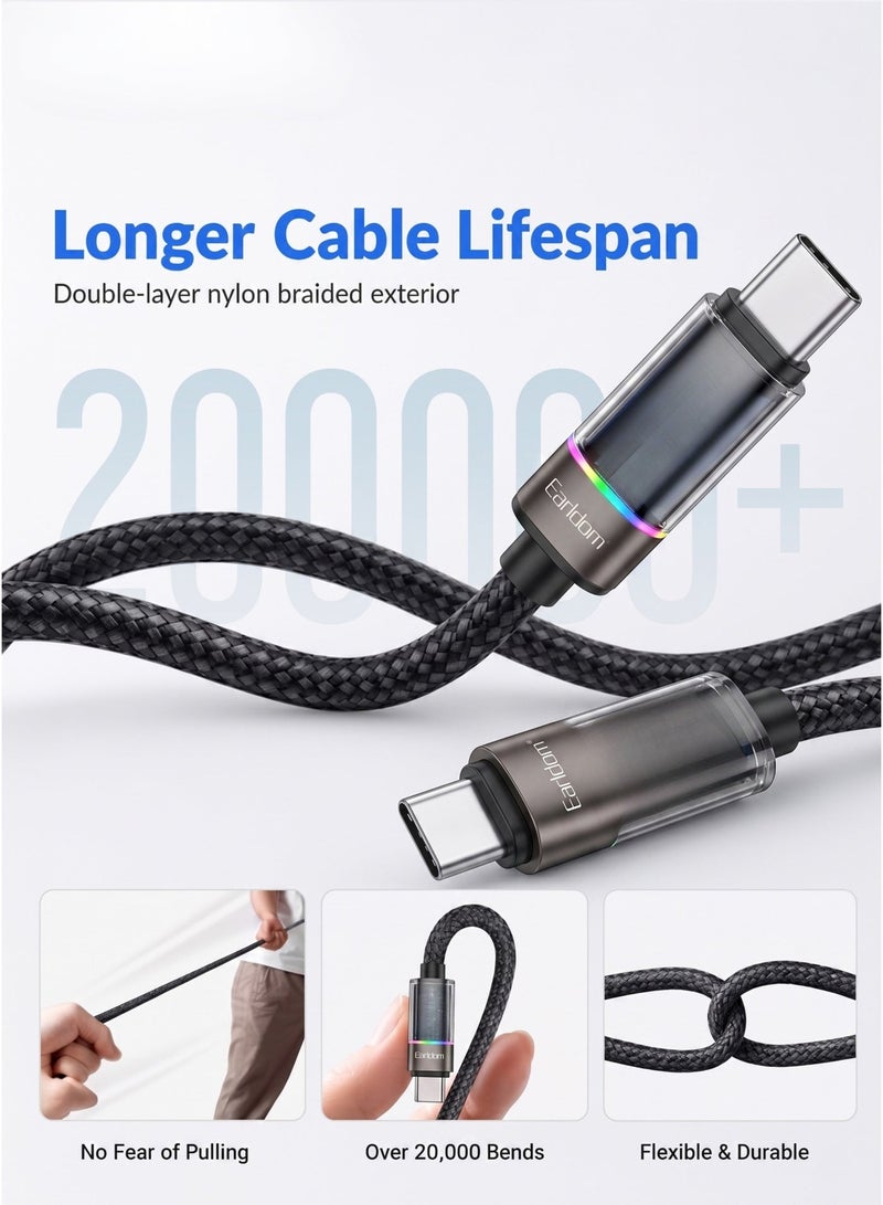 أيرلدوم كابل شحن سريع Earldom بقوة 60 واط من نوع USB-C إلى USB-C بتقنية PD 3.0 ونقل بيانات بسرعة 480 ميجابت في الثانية، بطول متر واحد، مصنوع من طبقتين من النايلون المضفر، مزود بشريحة E-Marker ومؤشر LED، متوافق مع سلسلة iPhone 15، وSamsung Galaxy، وiPad، وMacBook، وأجهزة الكمبيوتر المحمولة، وأجهزة USB-C، باللون الأسود. - Image 4