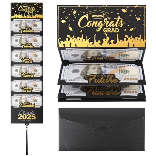 Hedeey 2025 Graduation Money Cards with Envelope, Graduation Gift Card Money Holder 2025, Graduation Money Holder for Cash for College High School Graduation Party (Black Gold) - Image 1