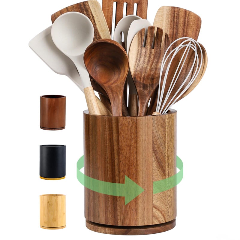 gorsent Wooden Utensil Holder 360Rotating 73 Large Utensil Holder for Kitchen Counter Kitchen Utensil Organizer Utensil Crock Farmhouse Kitchens Countertop Decor Acacia Wood